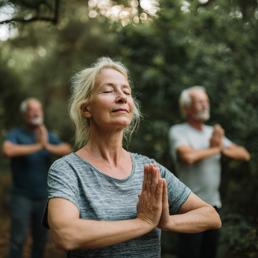 Middle-aged adults practicing gentle mobility exercises in natural setting