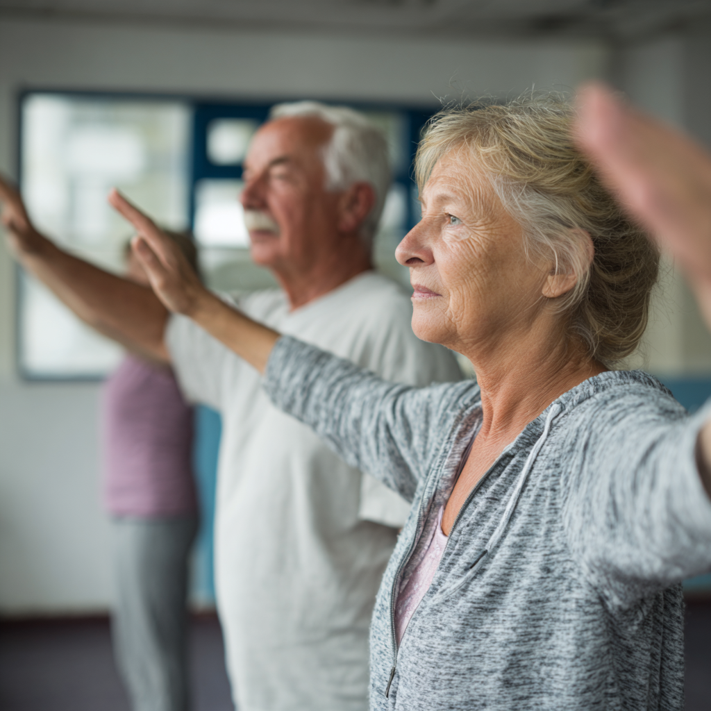 Older adults incorporating gentle movement into daily routine activities